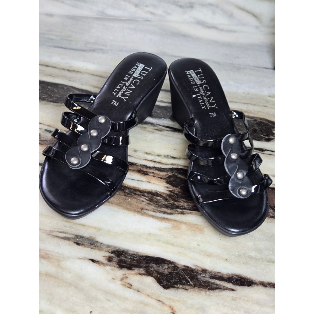 Tuscany by Easy Street Black Patent Wedge Sandals Made in‎ Italy Studded 7M